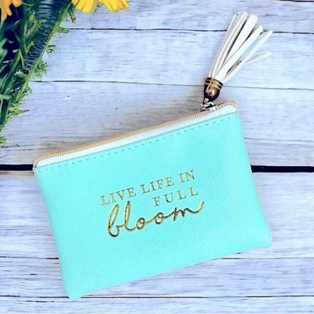 PAPYRUS Mint Turquoise Coin Pouch Live Life in Full Bloom Quote Gold Zip Tassel
